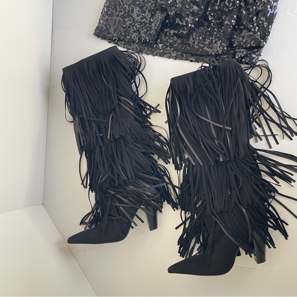 Zara Black Fringe Heeled Knee High Suede Boots Western Maximalism CoastalCowgirl - Picture 8 of 16
